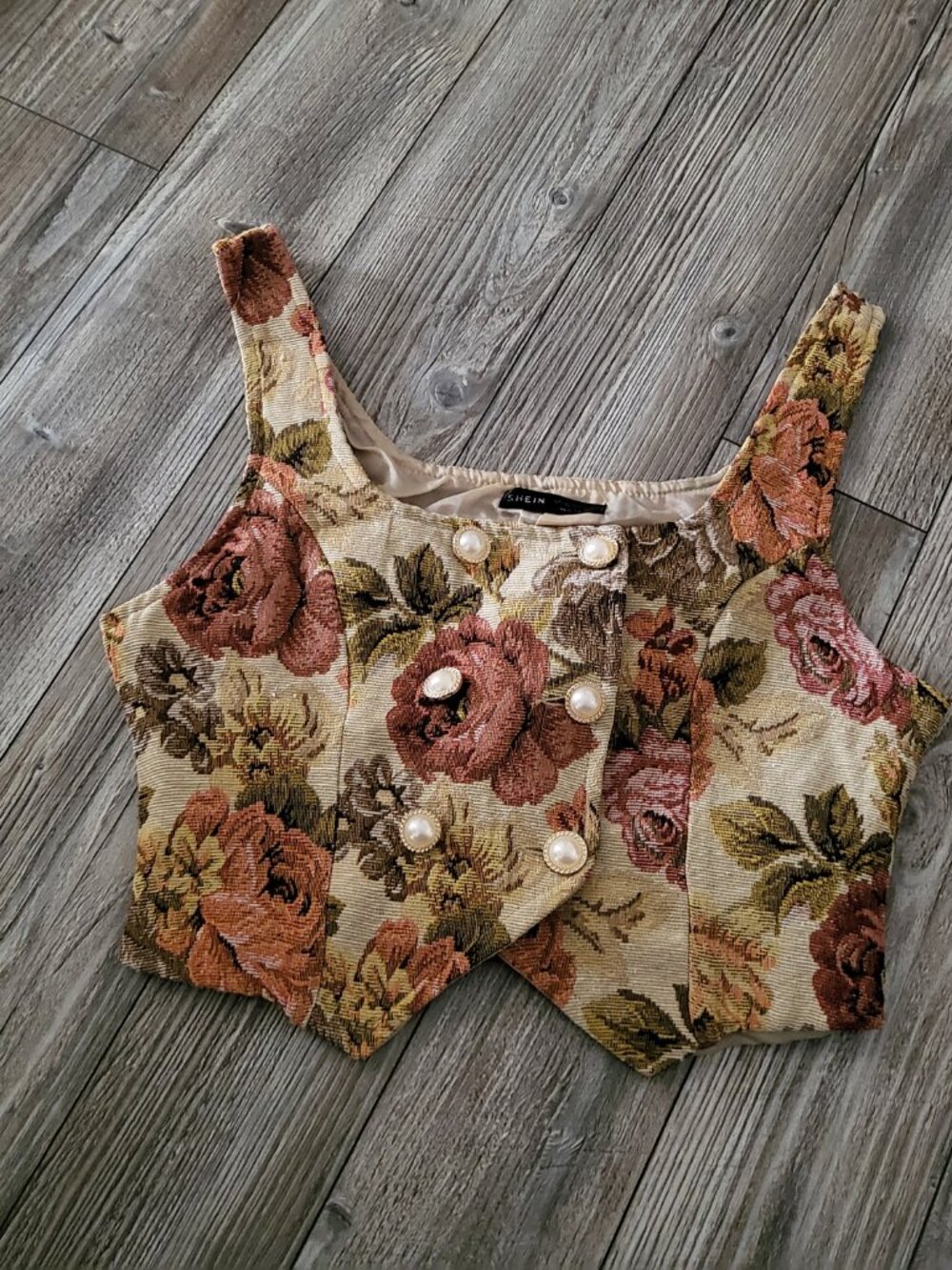 Floral Tapestry Corset Crop Vest Pearl Button Cottagecore - Picture 2 of 13